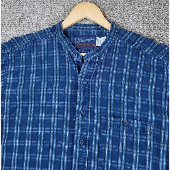 Wrangler Other - Wrangler X Long Tails Mens Blue Plaid‎ Band Collar Long Sleeve Shirt L 16 1/2 35